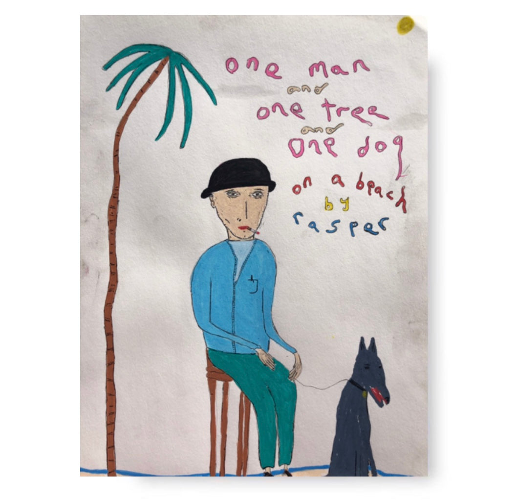 one man and one tree and one dog on a beach